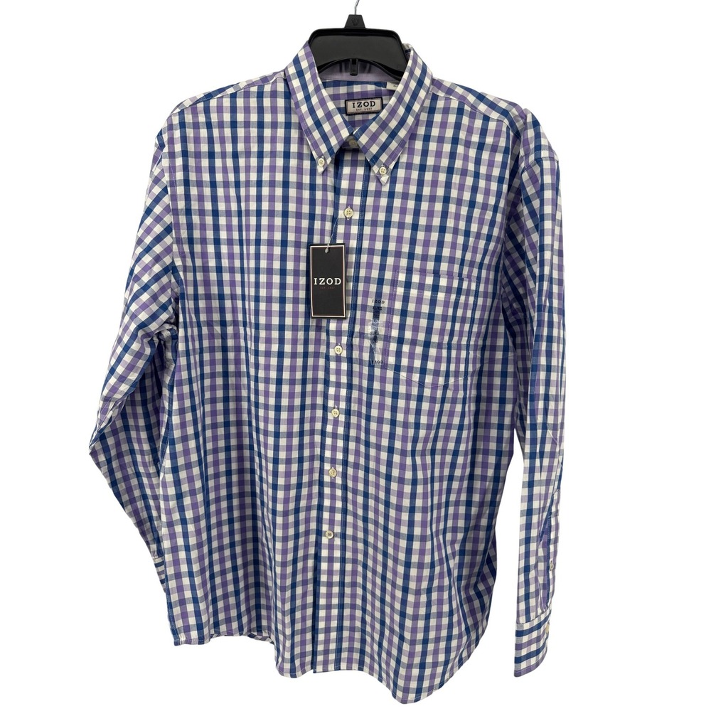 IZOD Shirt Mens XL Long Sleeve Button Down Gingham Plaid Blue Purple White New